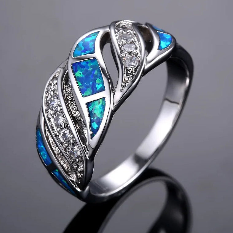 Twisted Opal Ring Blue-Green with CZ Sparkle Nickel