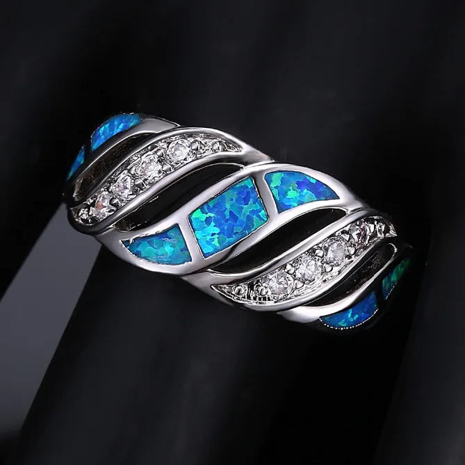 Twisted Opal Ring Blue-Green with CZ Sparkle Nickel