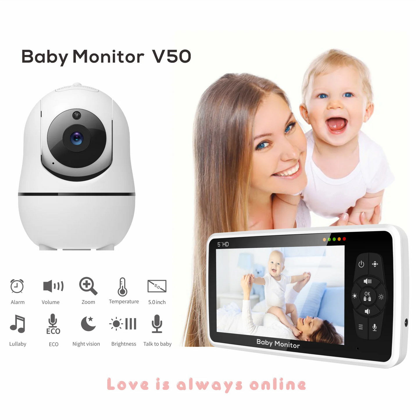 Babyphone de vídeo de 5 polegadas com duas câmaras e áudio, visão noturna, zoom de 4x, alcance de 300 metros, áudio bidirecional, sensor de temperatura e canções de embalar.