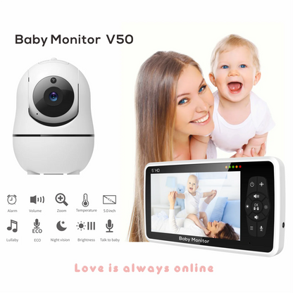 Babyphone de vídeo de 5 polegadas com duas câmaras e áudio, visão noturna, zoom de 4x, alcance de 300 metros, áudio bidirecional, sensor de temperatura e canções de embalar.