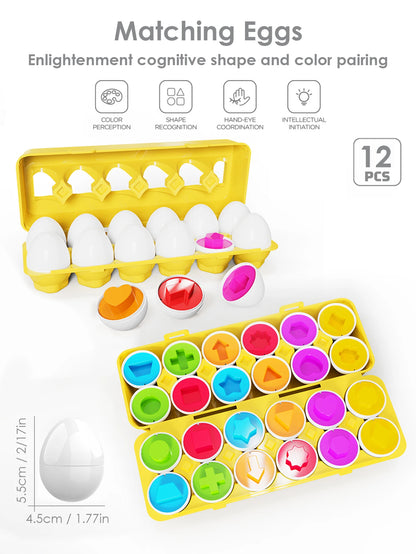 Conjunto de 6 Ovos Inteligentes Montessori para Bebé - Brinquedo Educativo para Crianças que Ensina a Combinar Cores e Formas, Reconhecendo e Desenvolvendo a Inteligência Infantil.