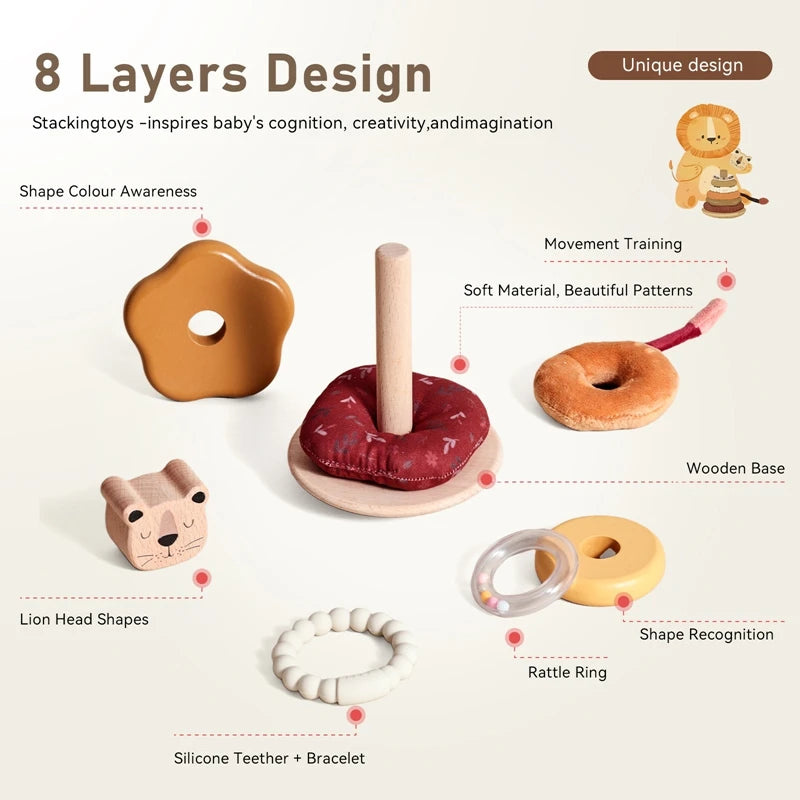 Montessori Wooden Lion Stacking Toy – Baby Sensory Teether & Rattle Game