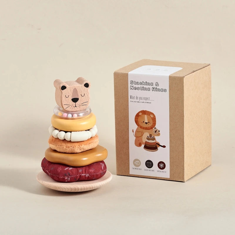 Montessori Wooden Lion Stacking Toy – Baby Sensory Teether & Rattle Game
