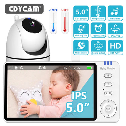 Babyphone de vídeo de 5 polegadas com câmara panorâmica e inclinável, áudio bidirecional sem fios, visão noturna, função de despertar por voz e carregamento USB.