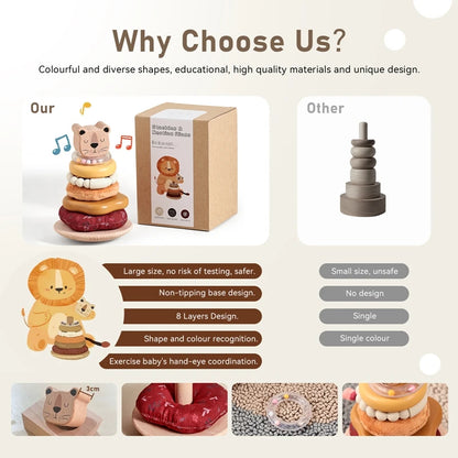 Montessori Wooden Lion Stacking Toy – Baby Sensory Teether & Rattle Game