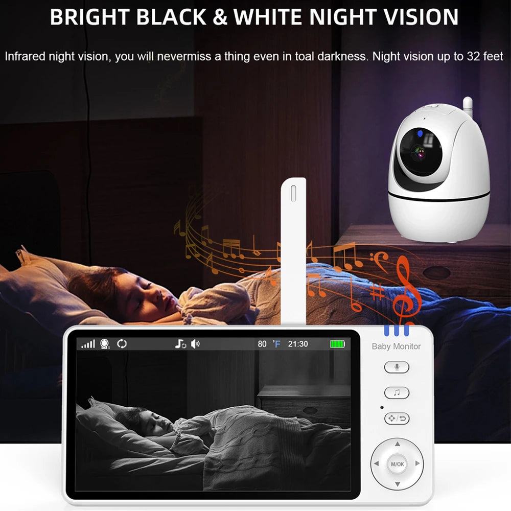 Babyphone de vídeo de 5 polegadas com câmara panorâmica e inclinável, áudio bidirecional sem fios, visão noturna, função de despertar por voz e carregamento USB.