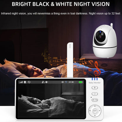 Babyphone de vídeo de 5 polegadas com câmara panorâmica e inclinável, áudio bidirecional sem fios, visão noturna, função de despertar por voz e carregamento USB.