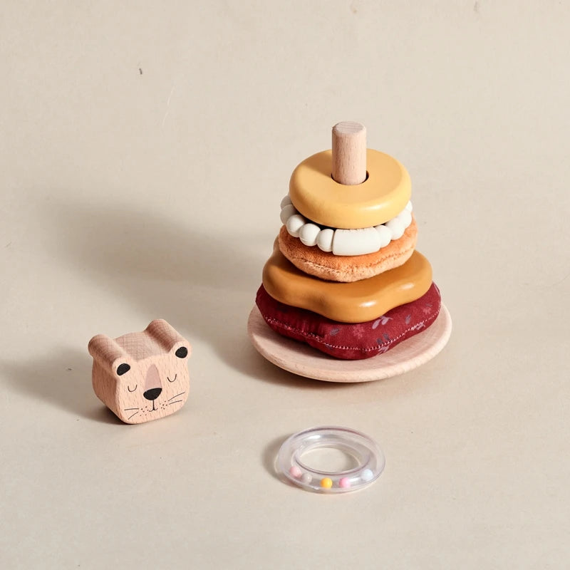 Montessori Wooden Lion Stacking Toy – Baby Sensory Teether & Rattle Game