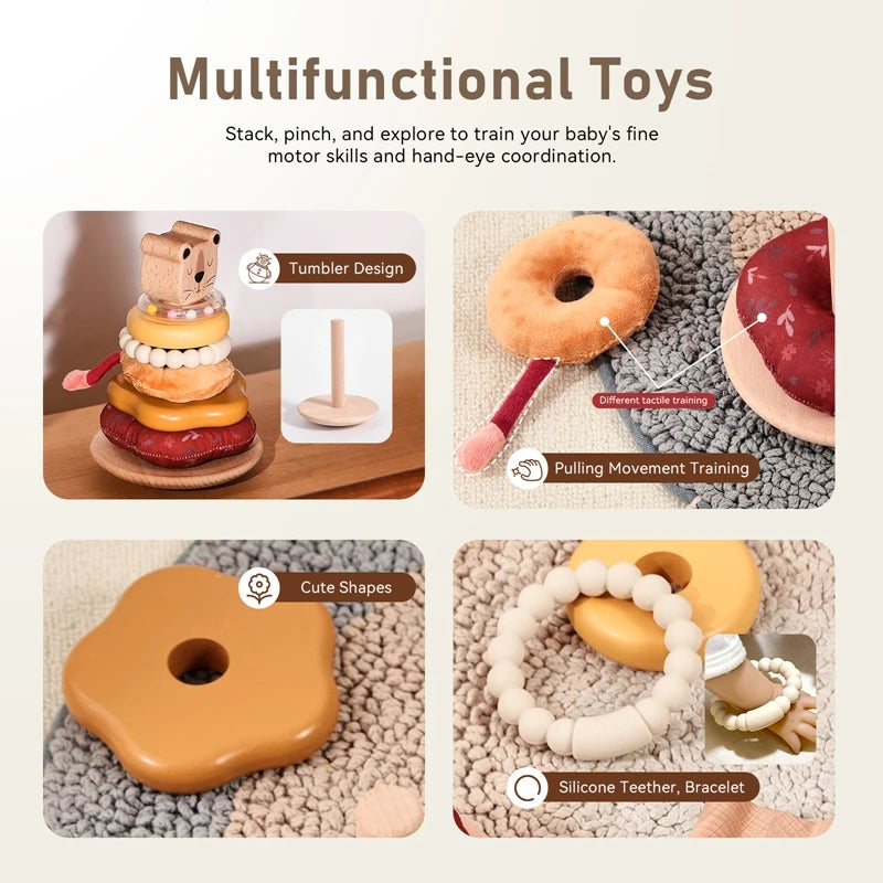 Montessori Wooden Lion Stacking Toy – Baby Sensory Teether & Rattle Game