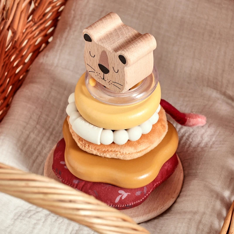 Montessori Wooden Lion Stacking Toy – Baby Sensory Teether & Rattle Game