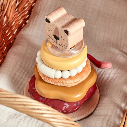 Montessori Wooden Lion Stacking Toy – Baby Sensory Teether & Rattle Game