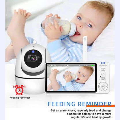 Babyphone de vídeo de 5 polegadas com câmara panorâmica e inclinável, áudio bidirecional sem fios, visão noturna, função de despertar por voz e carregamento USB.