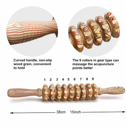 Massajador manual de madeira com 9 rolos para alívio de pontos-gatilho, combate à celulite e dores musculares.