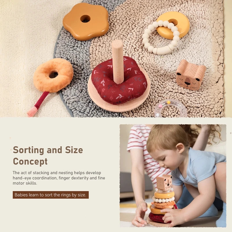 Montessori Wooden Lion Stacking Toy – Baby Sensory Teether & Rattle Game