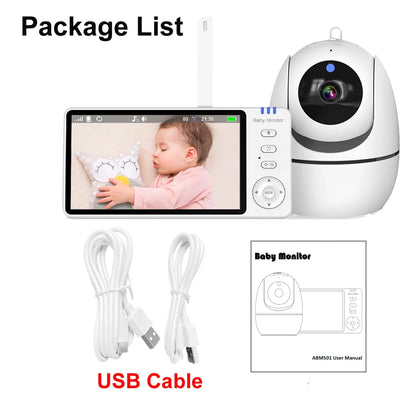 Babyphone de vídeo de 5 polegadas com câmara panorâmica e inclinável, áudio bidirecional sem fios, visão noturna, função de despertar por voz e carregamento USB.
