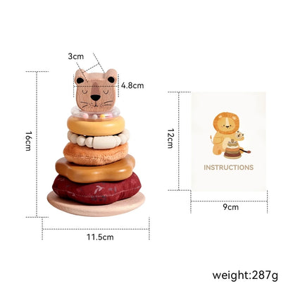 Montessori Wooden Lion Stacking Toy – Baby Sensory Teether & Rattle Game